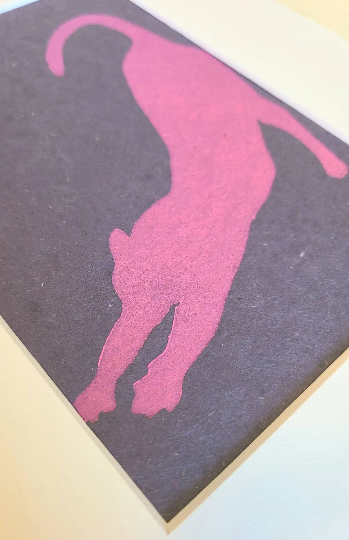 Downward Cat - Stretching Cat Print - Linocut Print on Handmade Blue Paper - LinoCat Collection