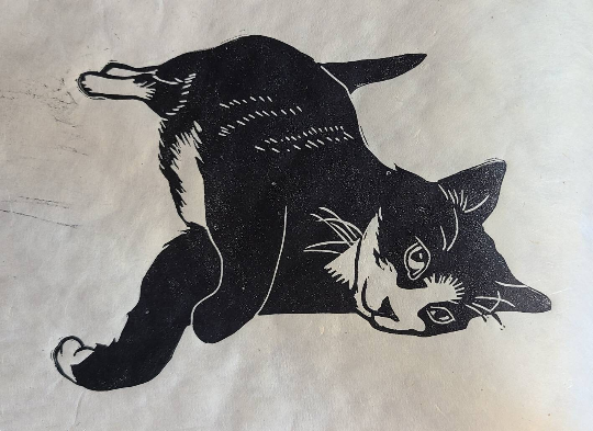 Chillin' Like a Villain Cat - 5x7 inch Linocut Print on Washi Paper - LinoCat Collection