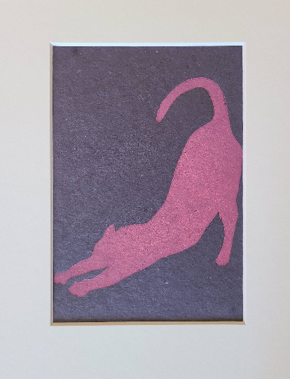 Downward Cat - Stretching Cat Print - Linocut Print on Handmade Blue Paper - LinoCat Collection