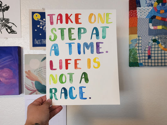 Take One Step at a Time ORIGINAL Handlettered Watercolor Rainbow Wall Art Quote